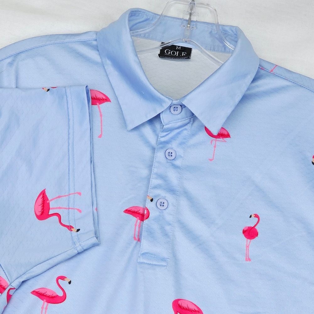 Golf Gods Polo Shirt Men's Medium Blue Flamingo Print Performance Short Sleeve
